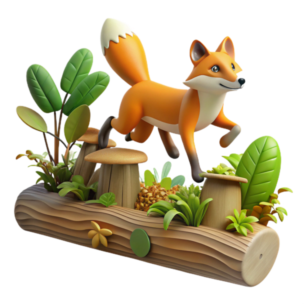Playful Fox Leaping on Log with Mushrooms and Plants png