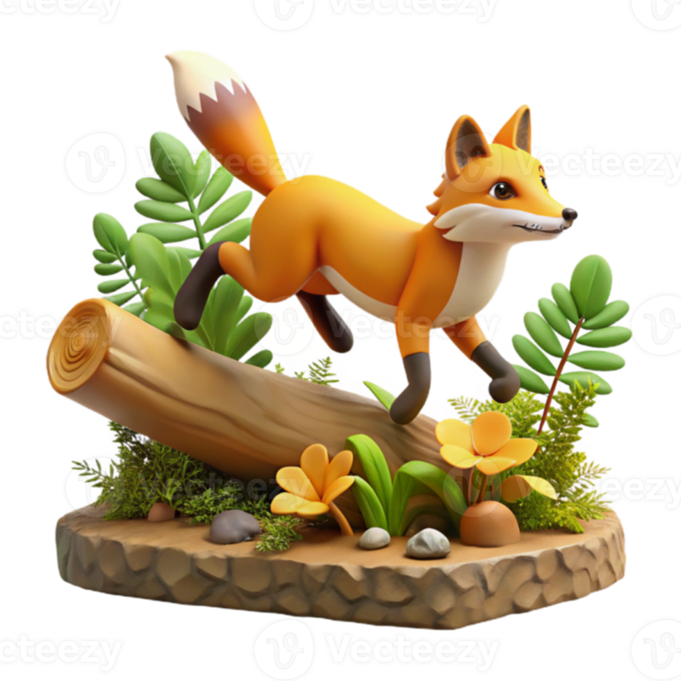 3D Render Playful Fox Leaping on Log png