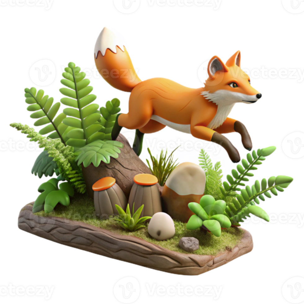 Leaping Fox in Forest Scene 3D Render png