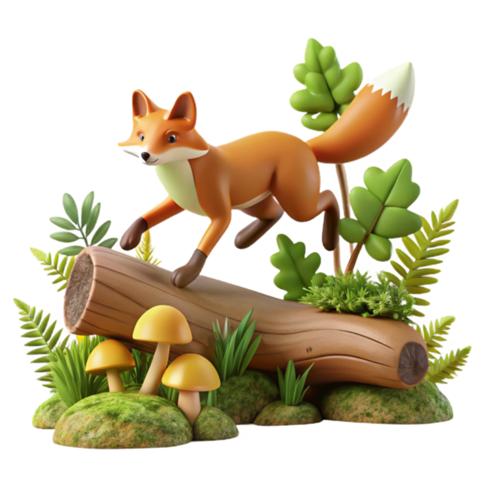 Fox Leaping Over Log in Forest Scene png