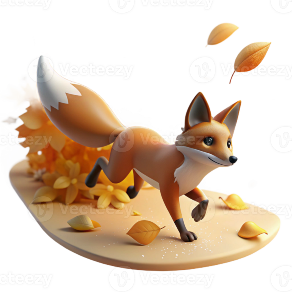 Autumn Fox 3D Render of a Running Fox Amidst Falling Leaves png