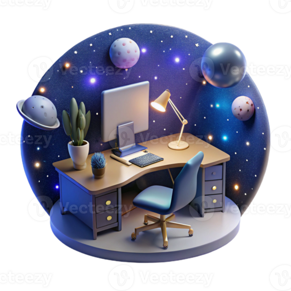 Cosmic Workspace Desk Setup in a Starry Night png