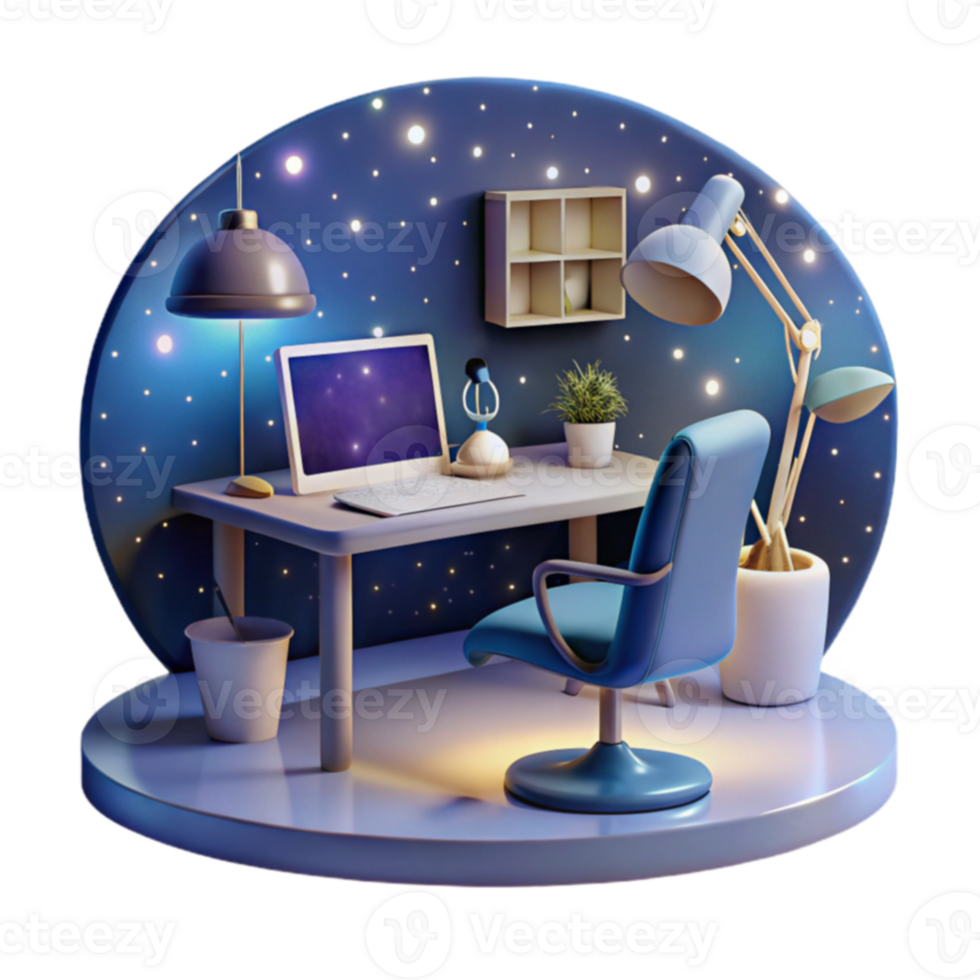 Nighttime Workspace Desk Setup with Computer, Chair, and Lamps png