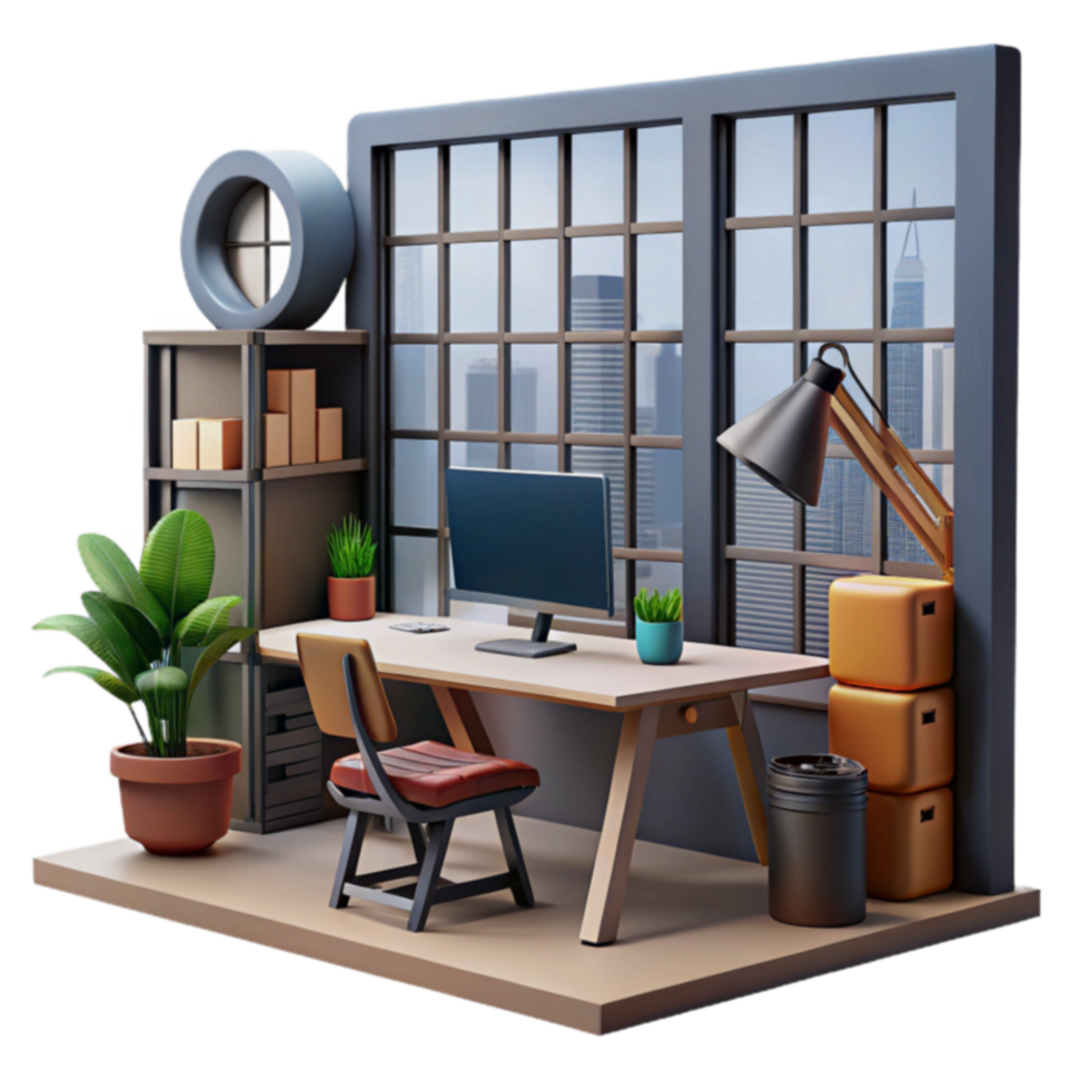 Modern Home Office Workspace Design with City View png
