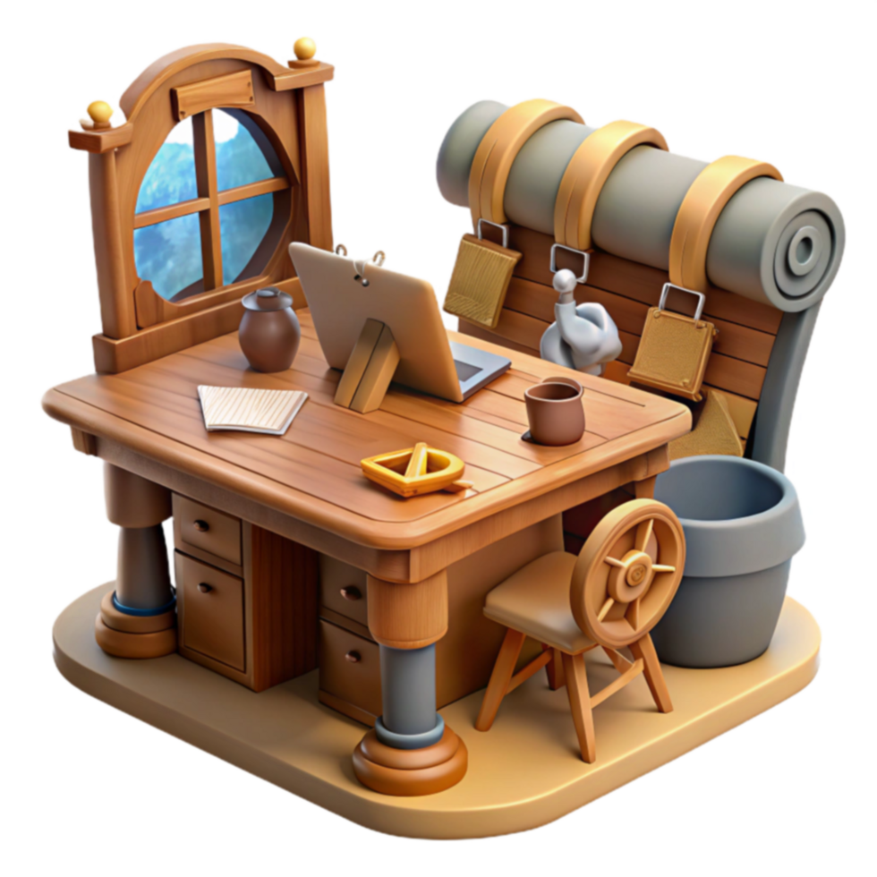Cozy Wooden Desk Workspace with Tablet and Chair png