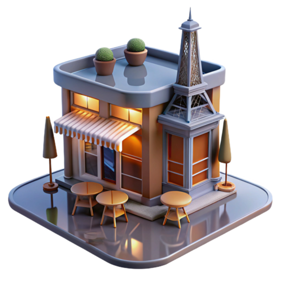 Night Cafe 3D Model Cozy Outdoor Tables, Illuminated Shop png