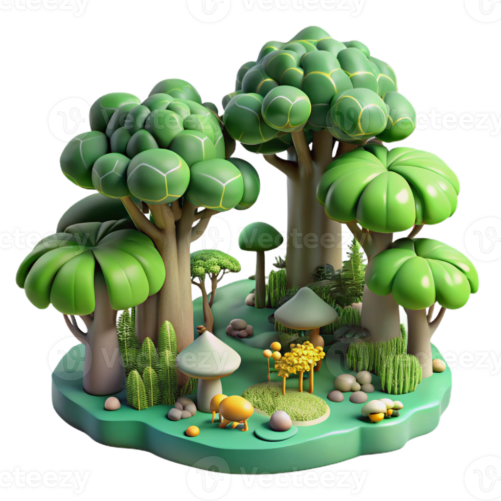 Enchanted 3D Forest Trees, Mushrooms, and Lush Greenery png