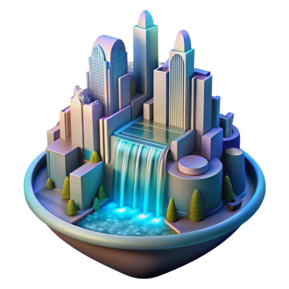Futuristic Cityscape with Waterfall 3D Render png
