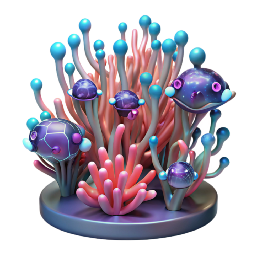 Vibrant Alien Reef 3D Render of Bioluminescent Sea Life png