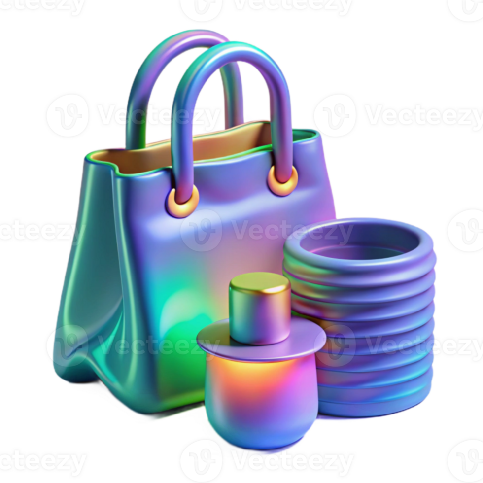 Iridescent Handbag, Perfume, and Container 3D Render png