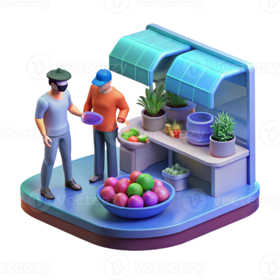 3D Render Fruit Stand Customer Interaction png