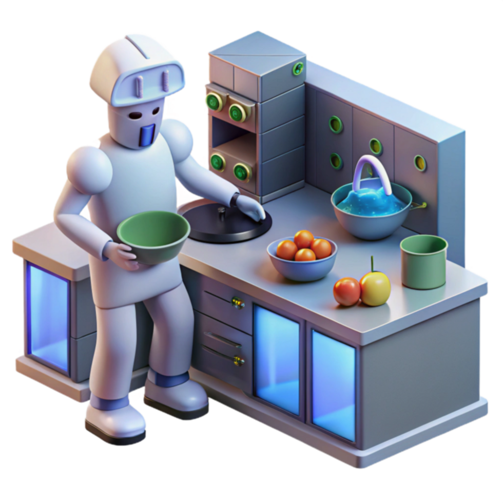 Robot Chef in Futuristic Kitchen Preparing Food png