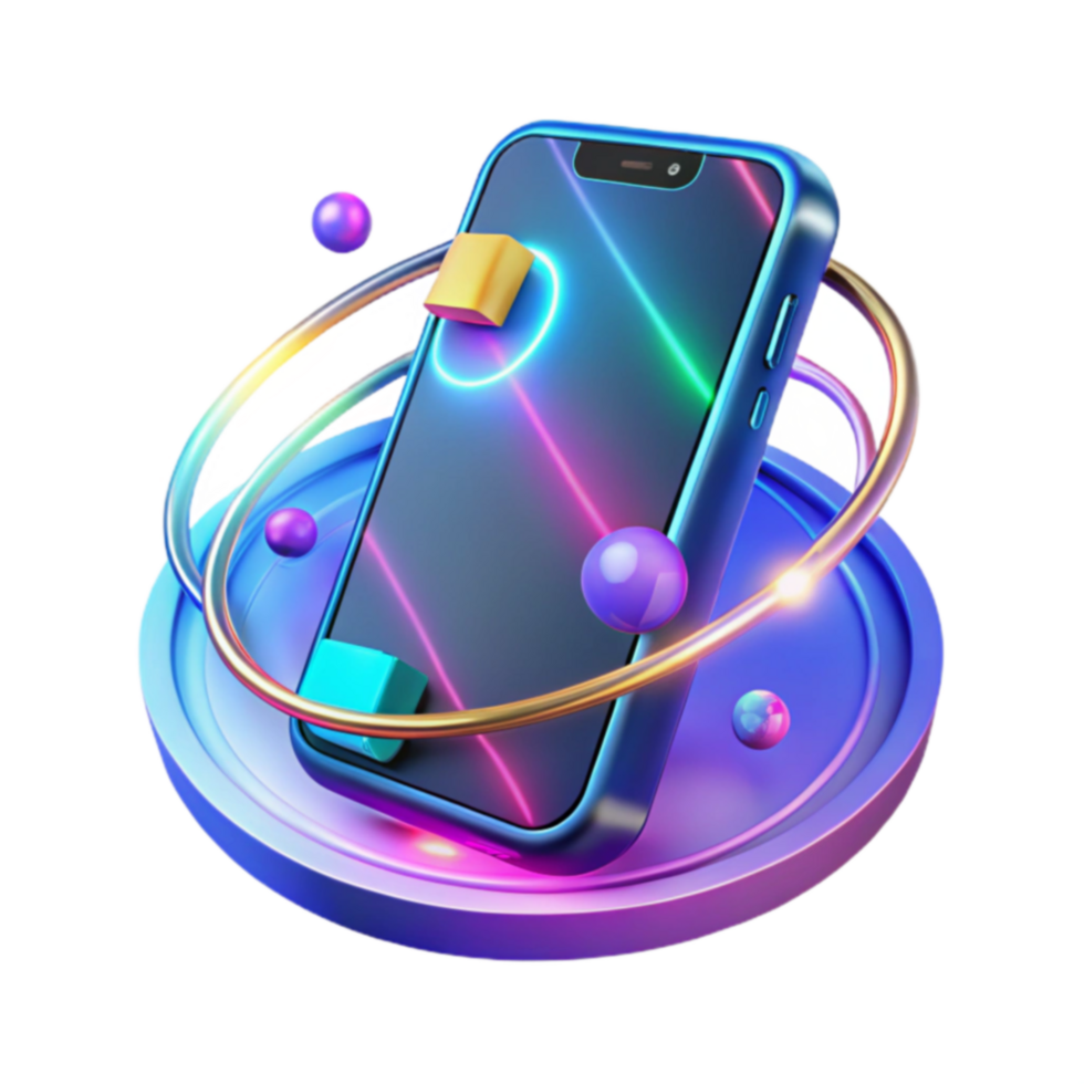 Neon Smartphone Display with Abstract 3D Elements png