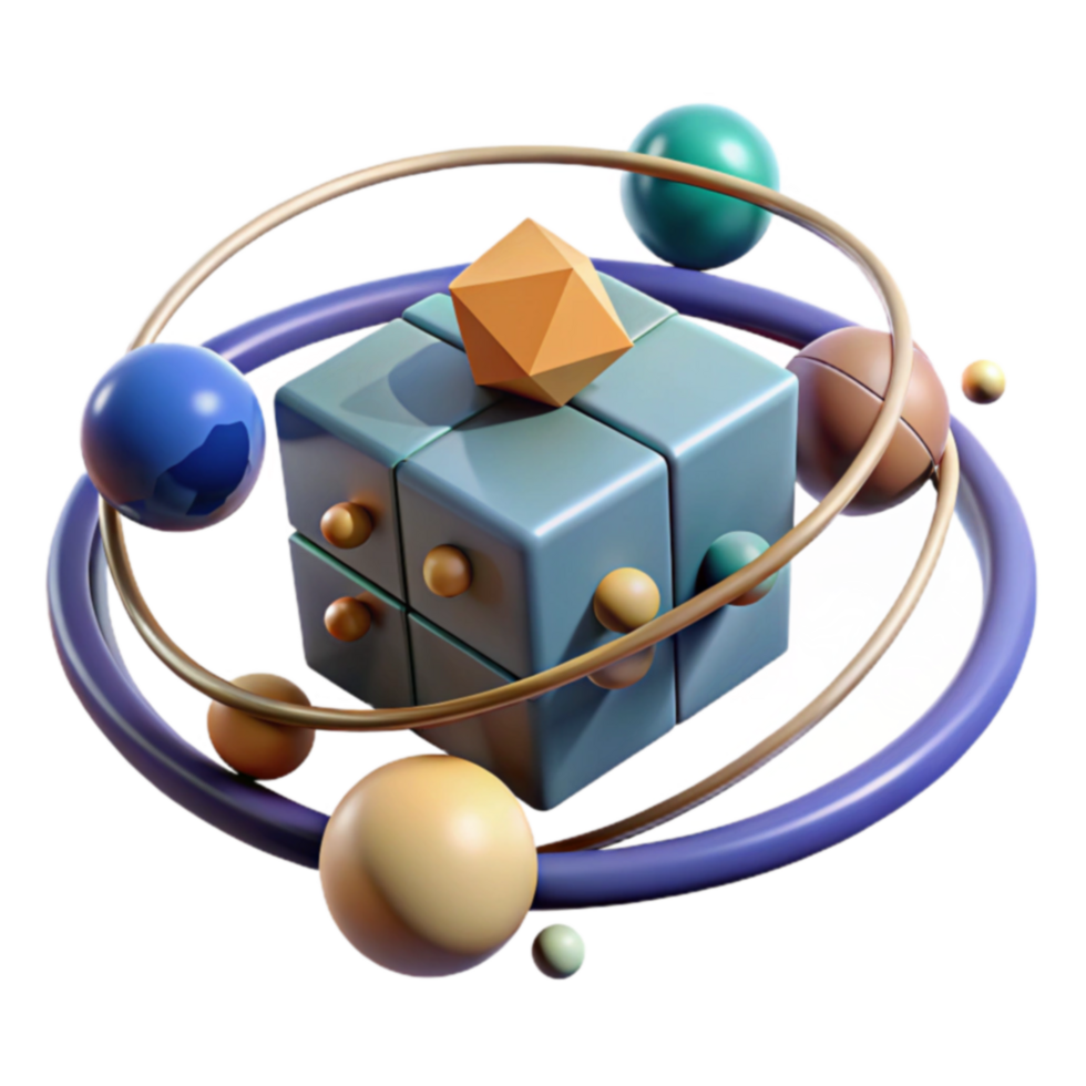Abstract 3D Geometric Cube with Orbiting Spheres png