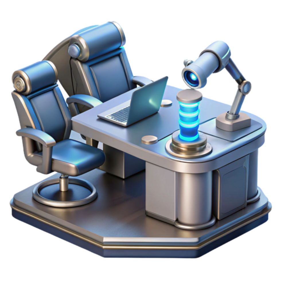 Futuristic Office Desk with Ergonomic Chairs and Advanced Tech png