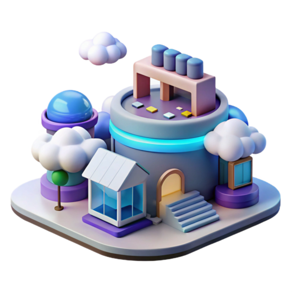 3D Render of Futuristic Cityscape Buildings, Clouds, and Modern Architecture png