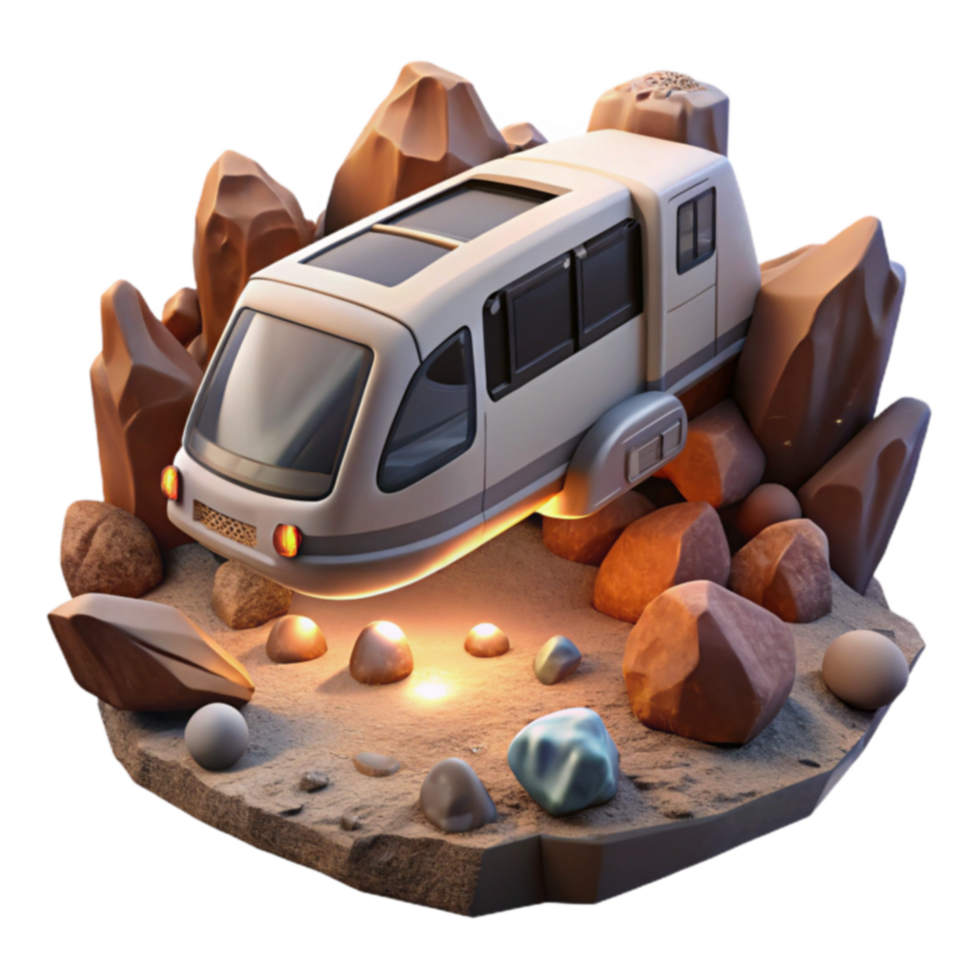 Futuristic Camper Van in Rocky Terrain png