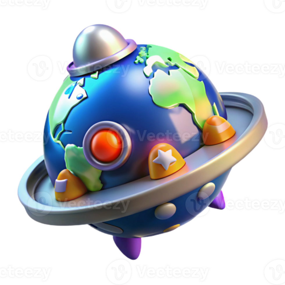 3D Render Cartoon Earth in Flying Saucer png