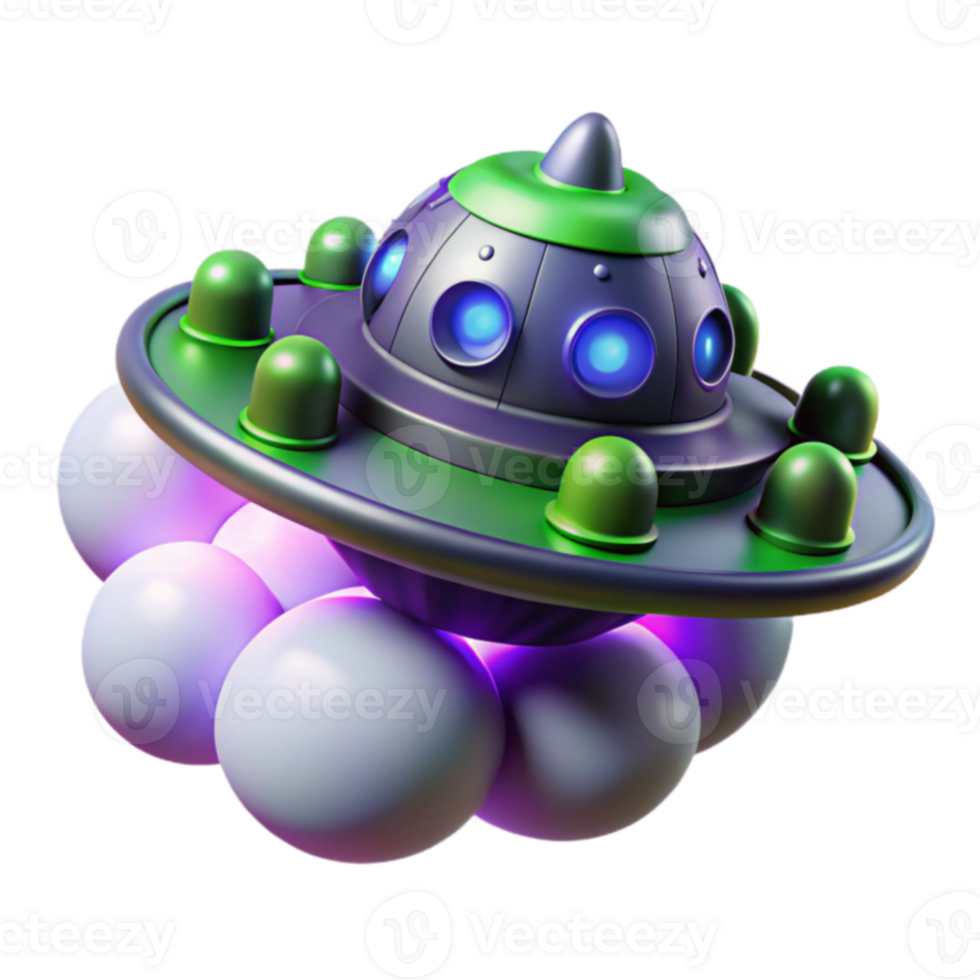 UFO on Clouds 3D Render of Alien Spaceship png