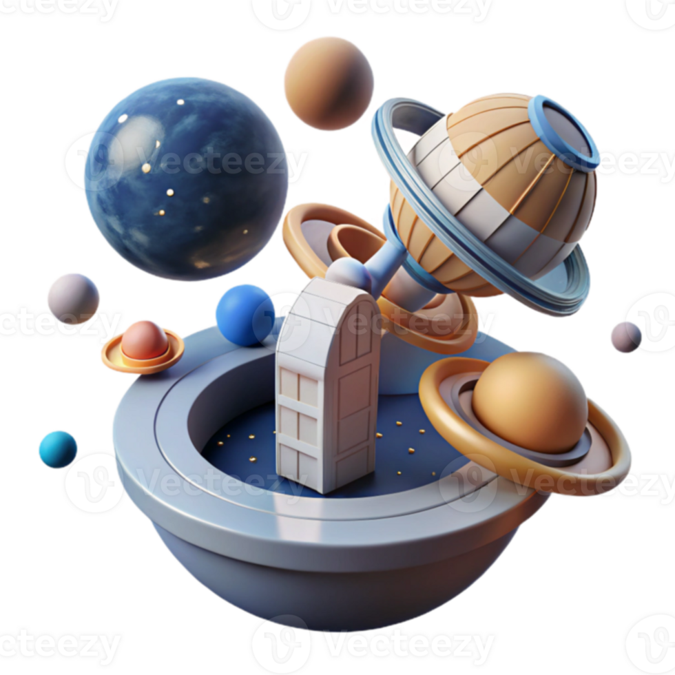 Celestial Gateway 3D Render of Planets and Arch png