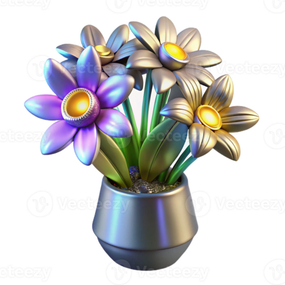 Metallic Flower Pot 3D Rendered Bouquet png