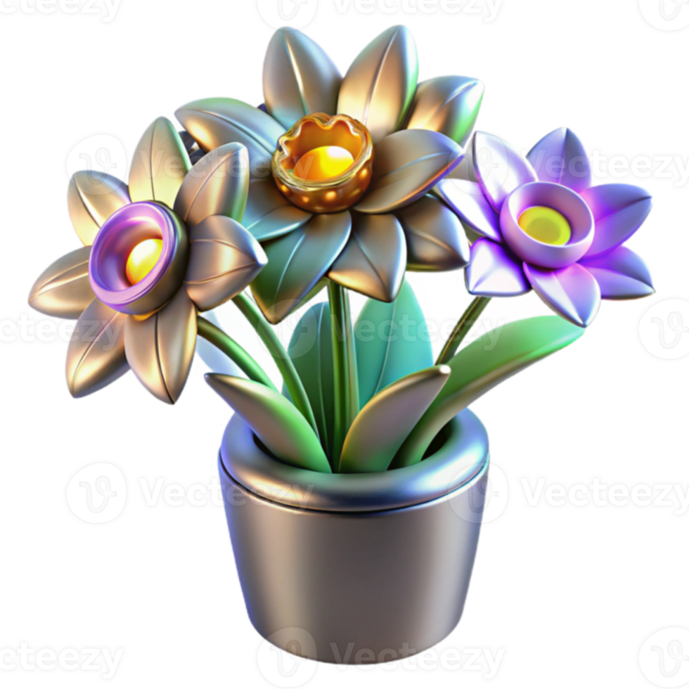 Metallic Flowers in Pot 3D Render of Artificial Blooms png