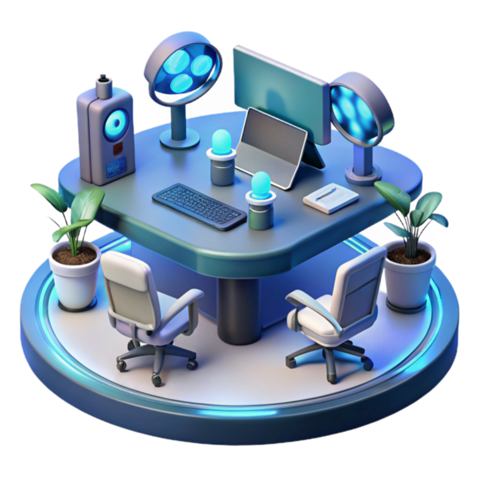 Modern Office Workspace Setup with Ergonomic Chairs and Ambient Lighting png