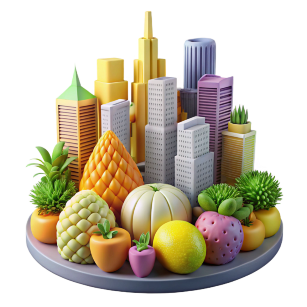 Urban Fruit Cityscape A 3D Render of Fruits as Buildings png