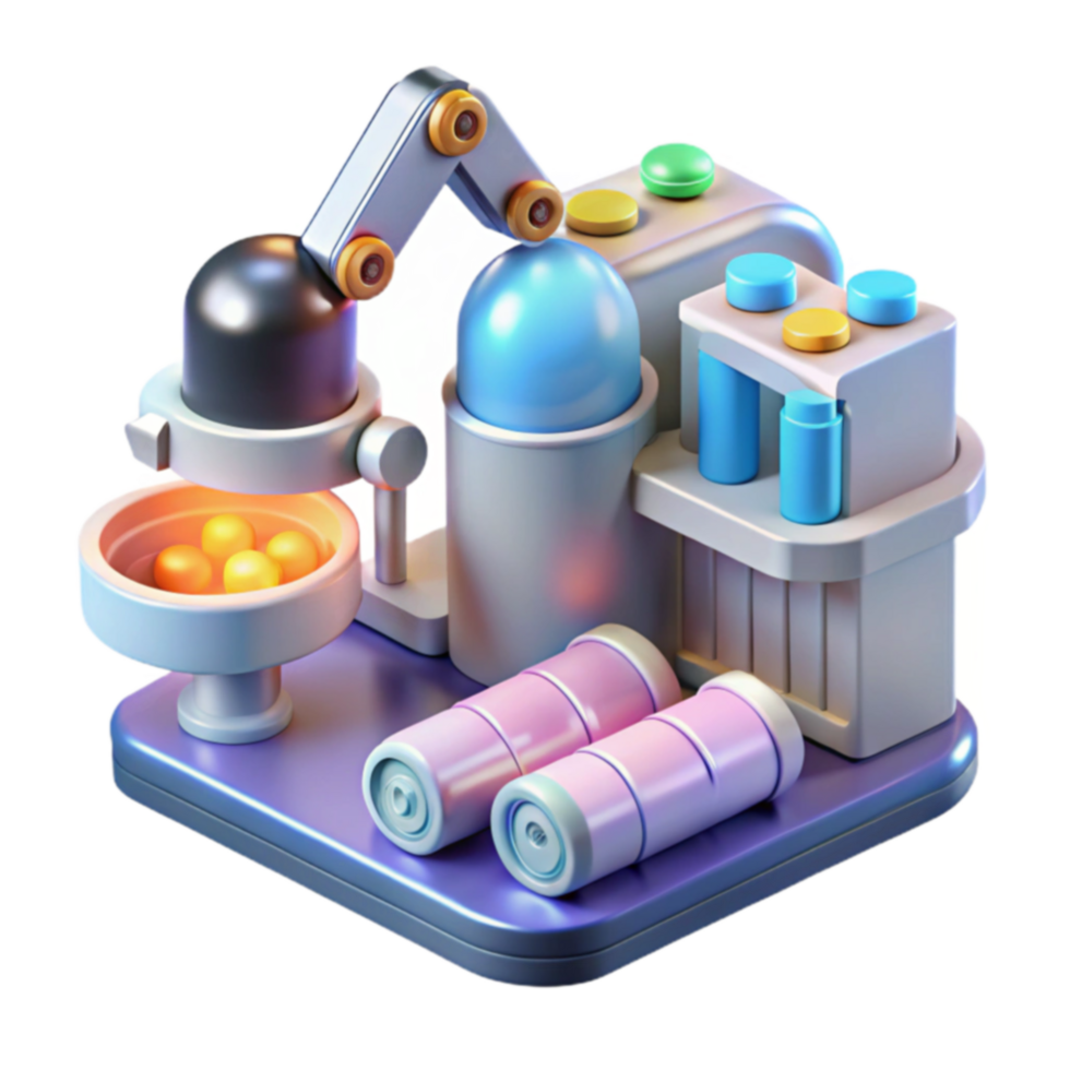 Automated Factory Robotic Production Line with Cylinders and Spheres png