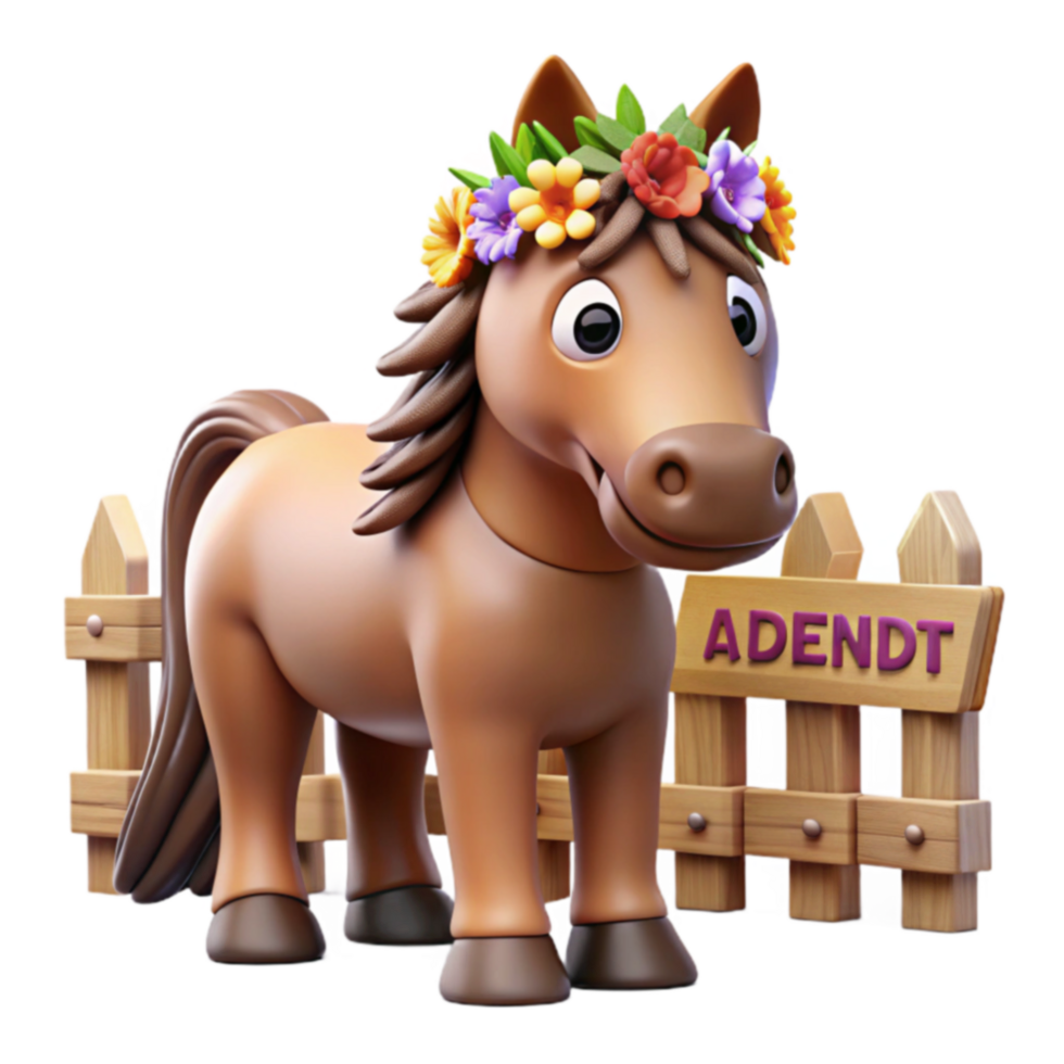 Cute Cartoon Horse with Flower Crown near Wooden Fence png