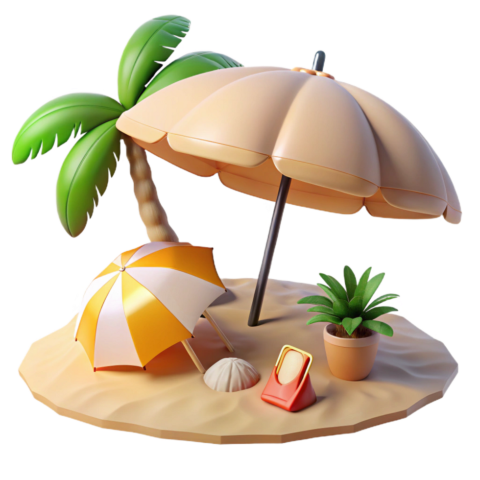 Tropical Beach Scene Palm Tree, Umbrellas, and Sandy Island png