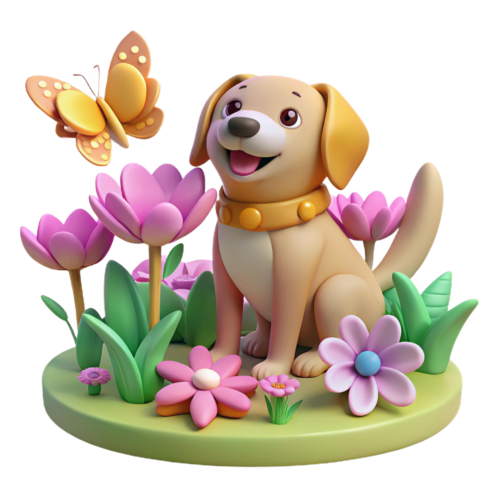 Cute Puppy in Springtime Garden with Butterfly png