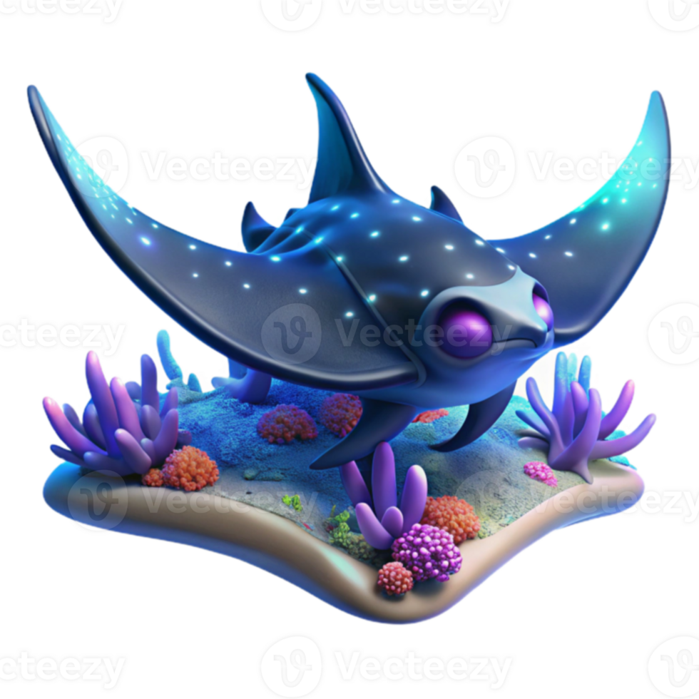 Glowing Stingray in Coral Reef 3D Render png