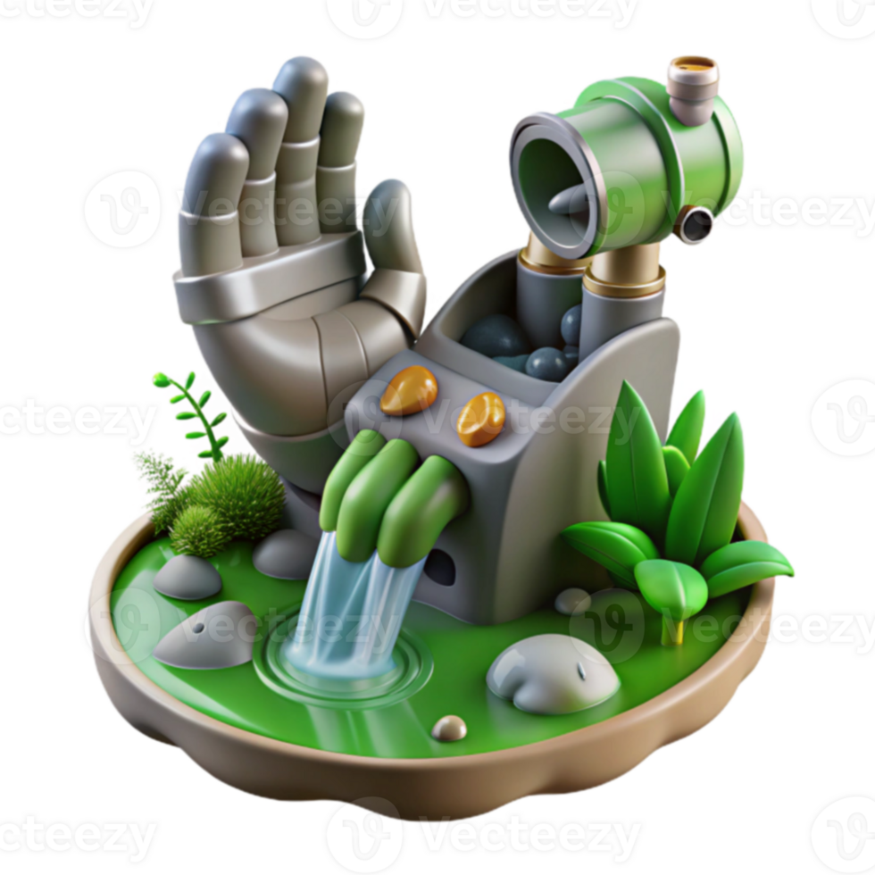 Robotic Water Feature 3D Render of a Mechanical Hand Powering a Waterfall png