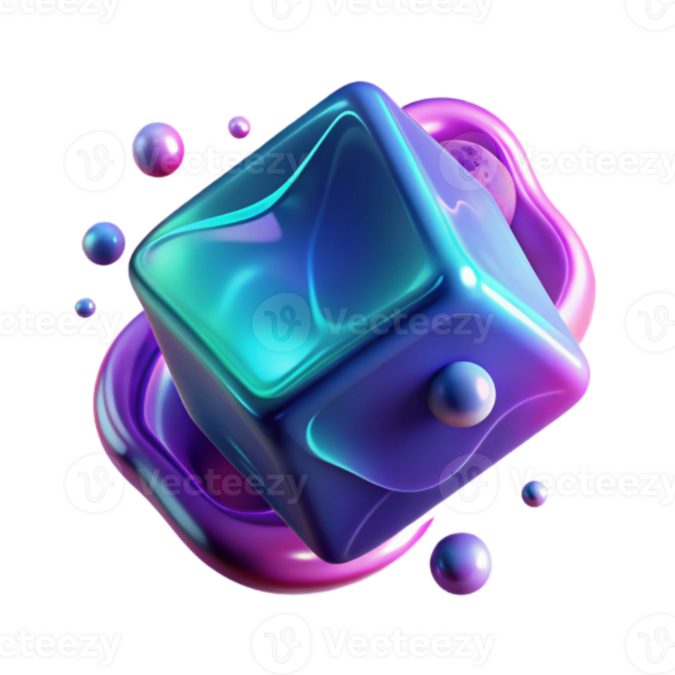 Abstract 3D Render Glossy Cube and Spheres png