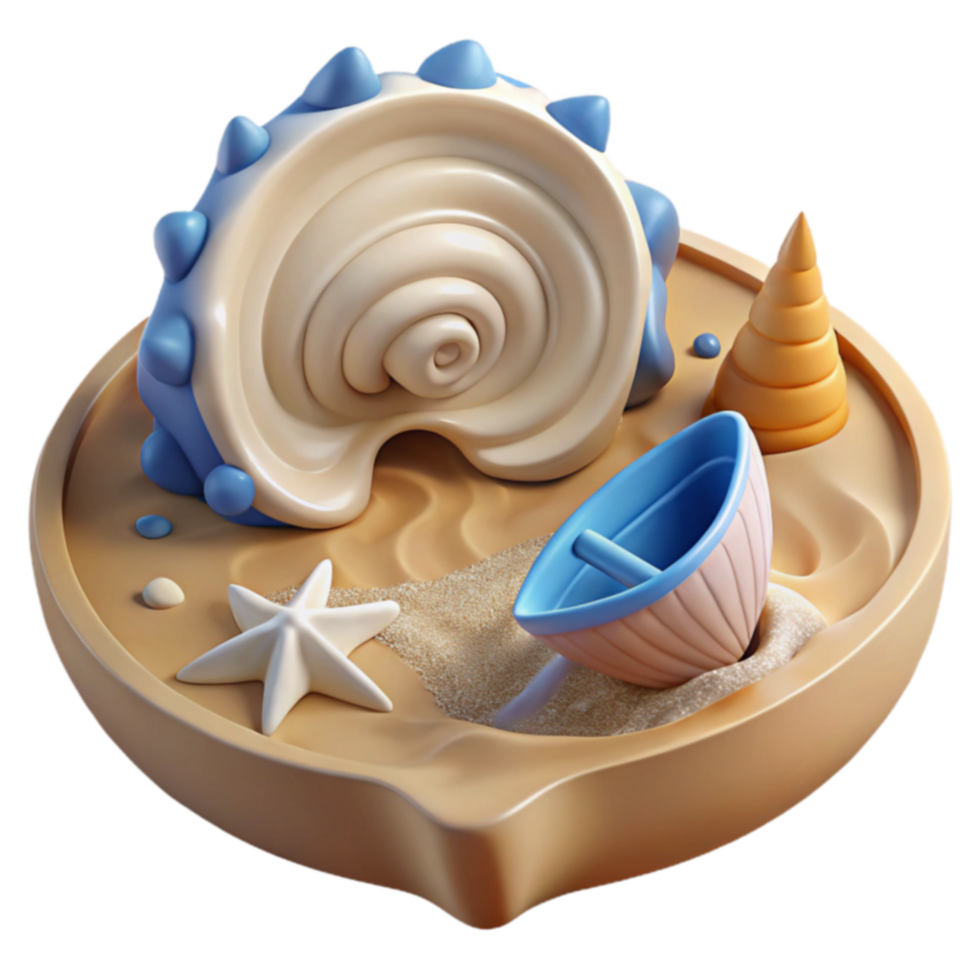 Seashell, Starfish, Sand, and Toy Boat 3D Render png