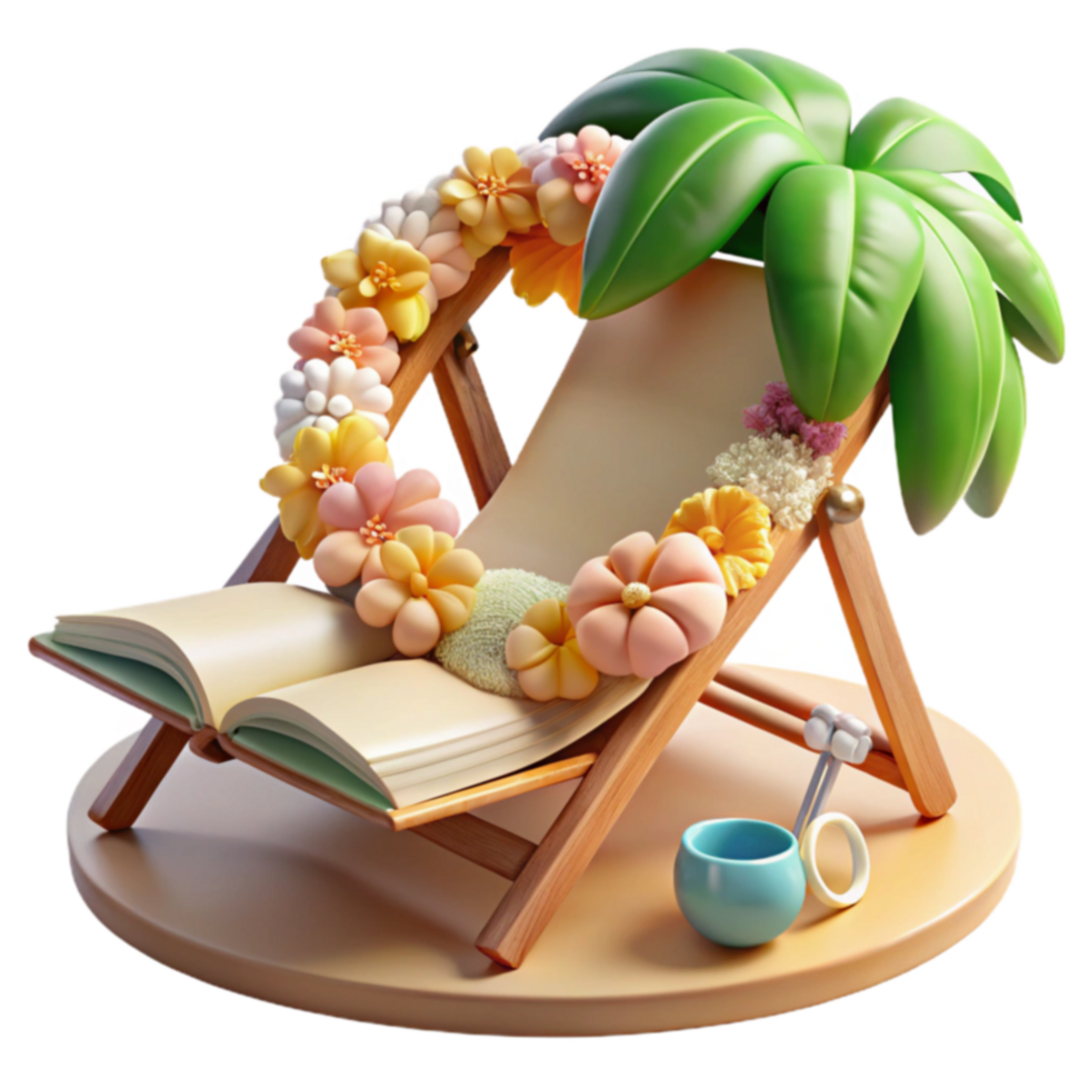Relaxing Summer Vacation Beach Chair, Book, Flowers png