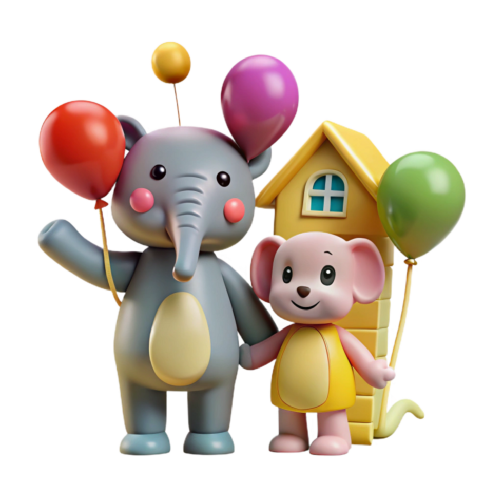 Cute Elephant and Mouse with Balloons and House png