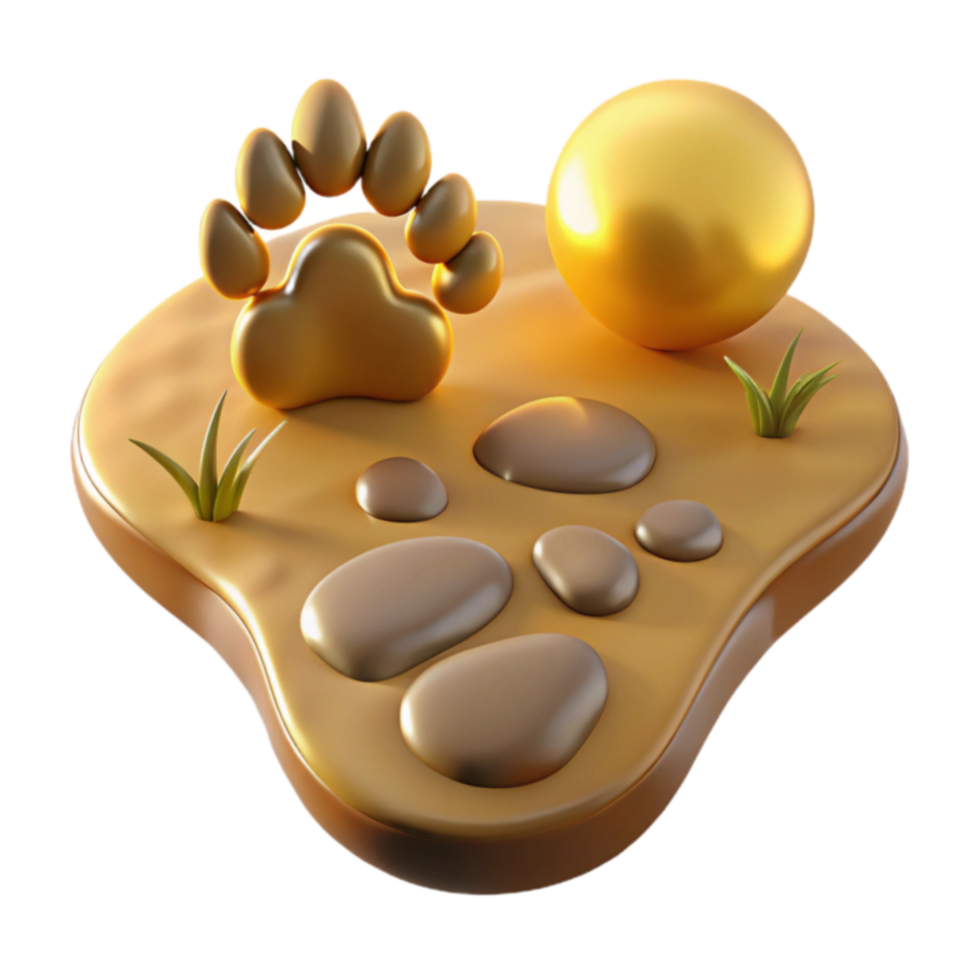 Golden Paw Print Path 3D Render of Animal Track, Stones, and Sphere png