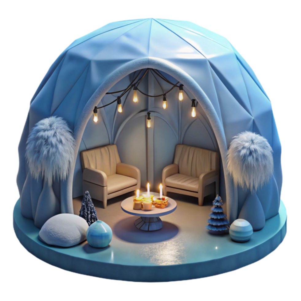 Cozy Winter Igloo Retreat Candles, String Lights, and Festive Decor png