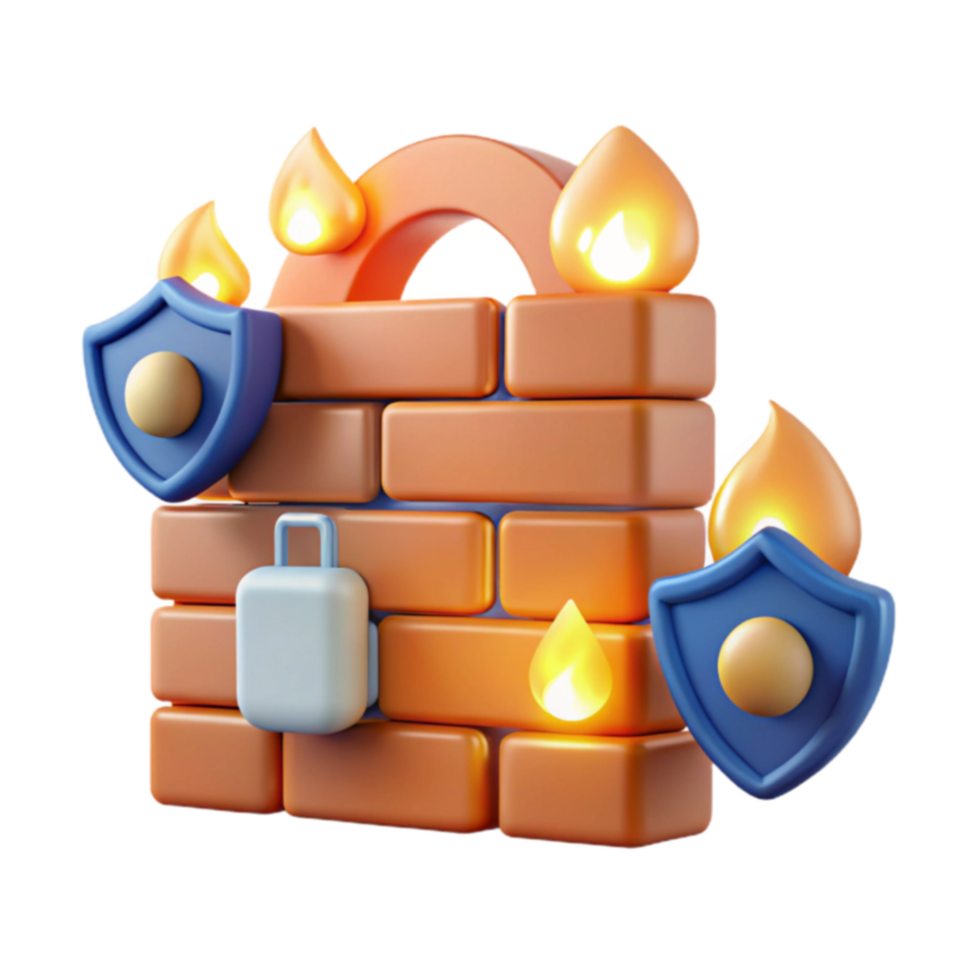 Firewall Security Brick Wall Protection with Shield and Flame png