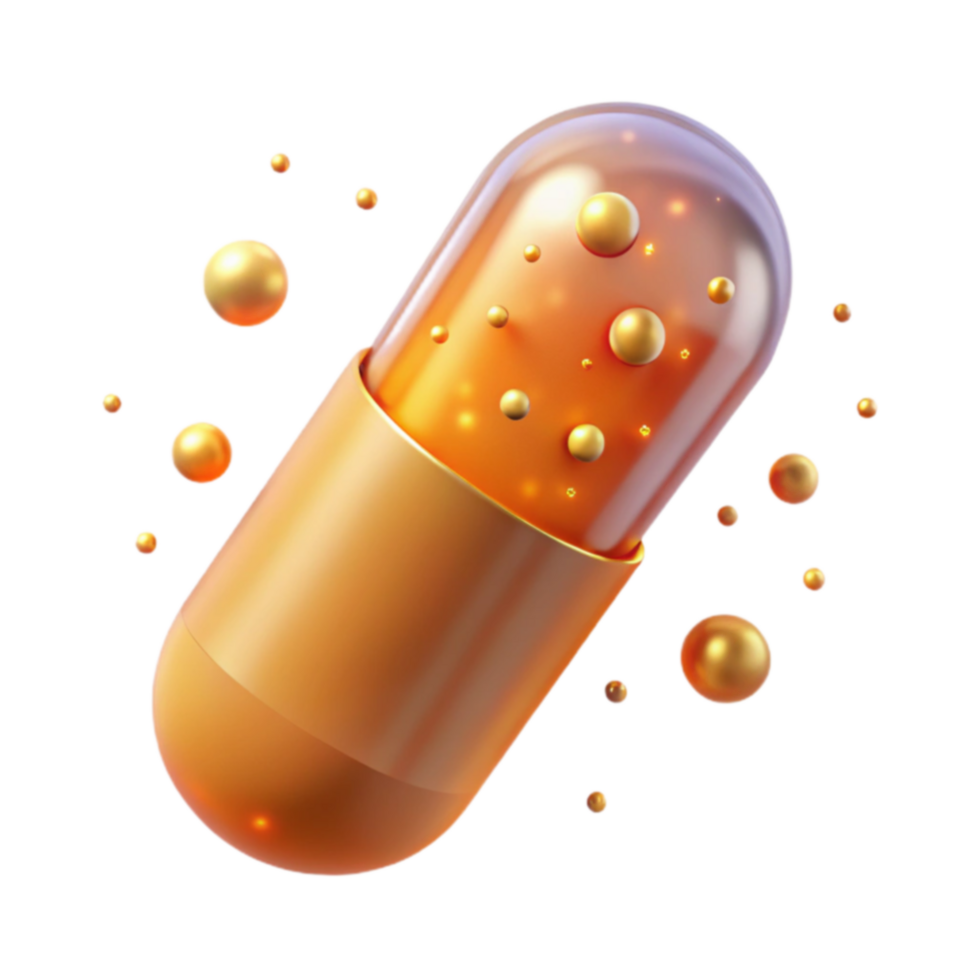 Capsule with Golden Particles Dietary Supplement Visualization png