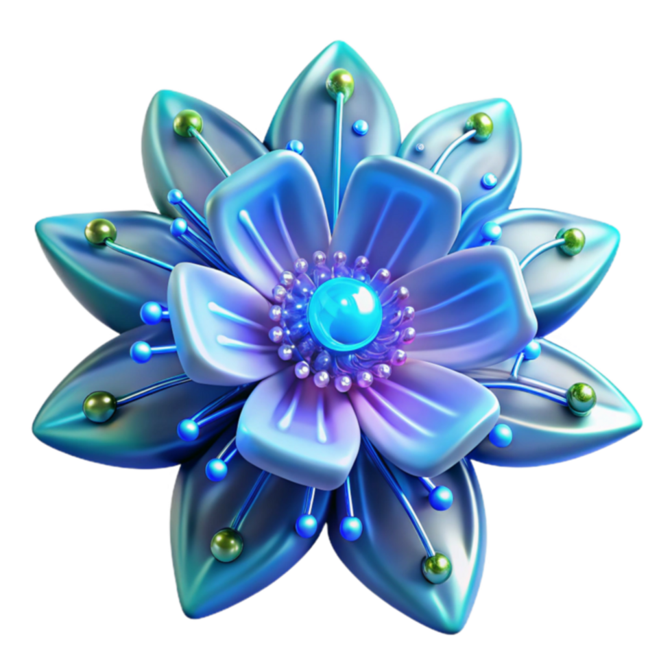 3D Render of a Shiny Blue Flower with Metallic Accents png