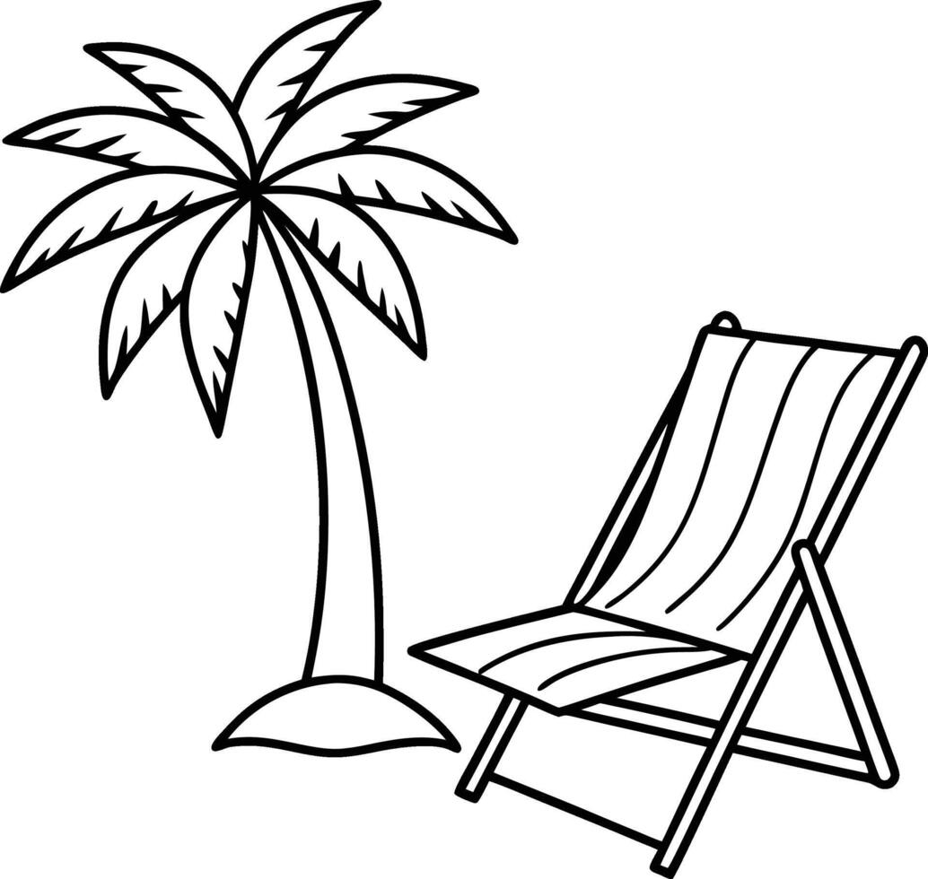 Beach chair and palm tree on a white backdrop with a silhouette vector