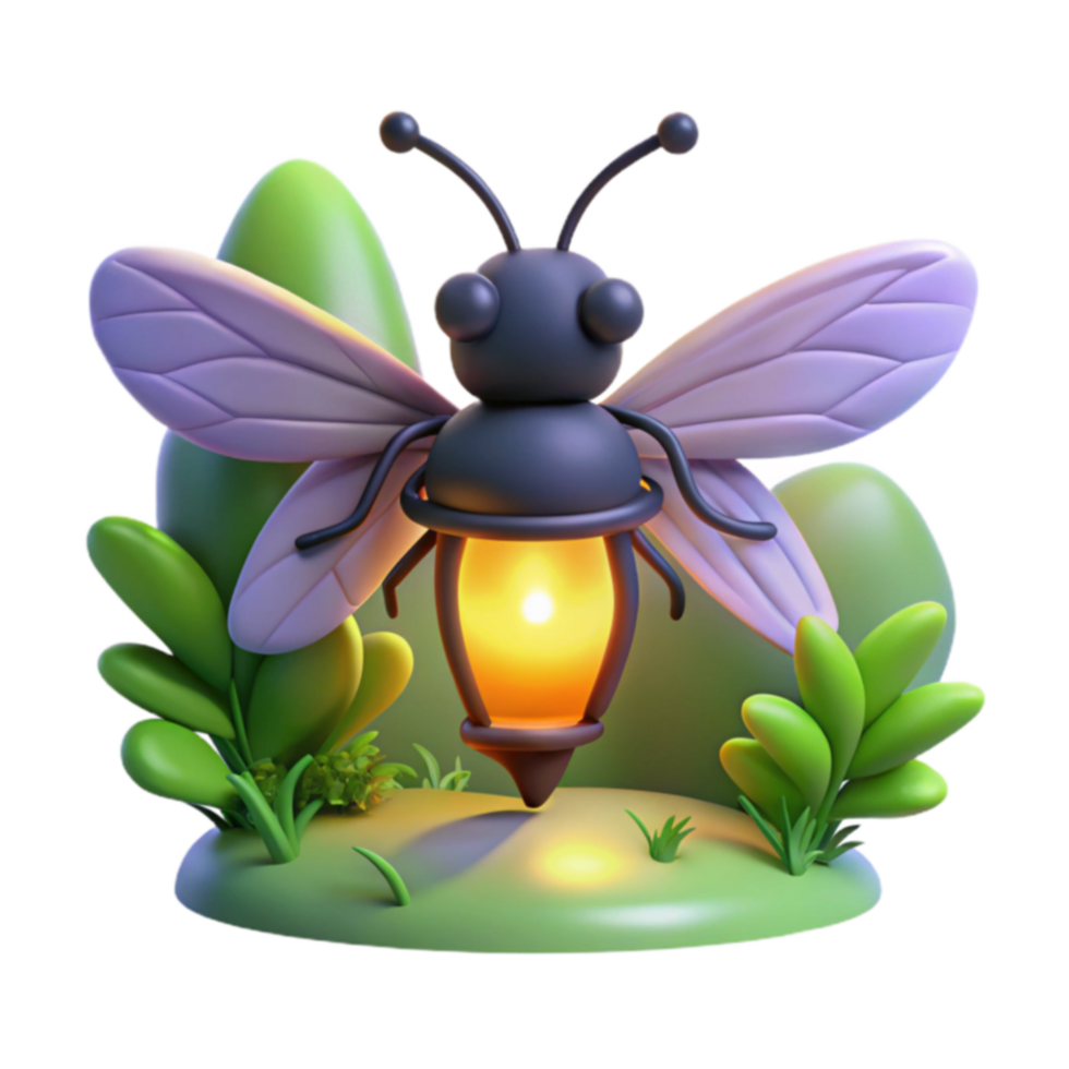3D Firefly Lantern Glowing Insect in Night Garden png