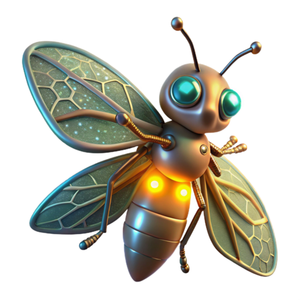 Glowing Robotic Insect 3D Render of Futuristic Firefly png