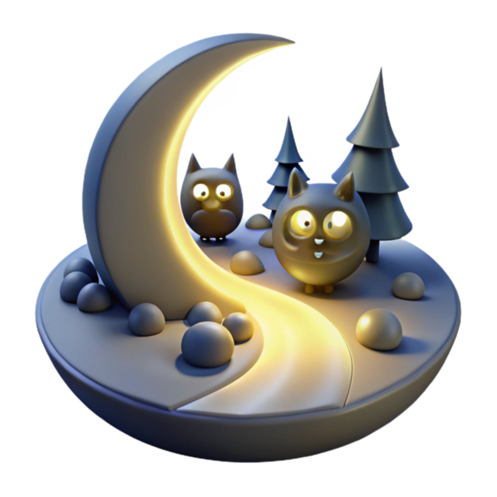 Nighttime Forest Scene with Crescent Moon and Cute Animals png