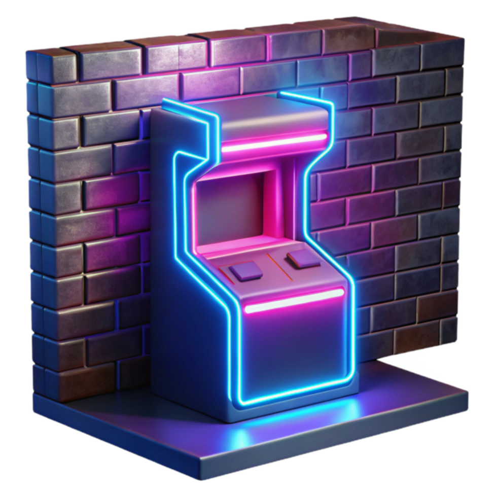 Retro Arcade Game Machine Neon Glow Brick Wall png