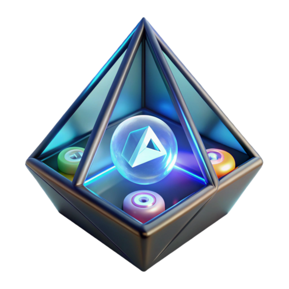 Pyramid Display Case with Glowing Orb and Colorful Discs png