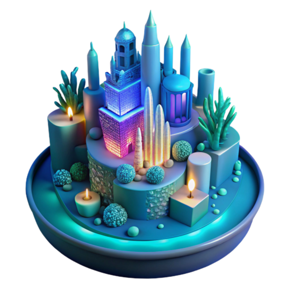 Enchanted Miniature Cityscape 3D Render of Illuminated Fantasy Architecture png